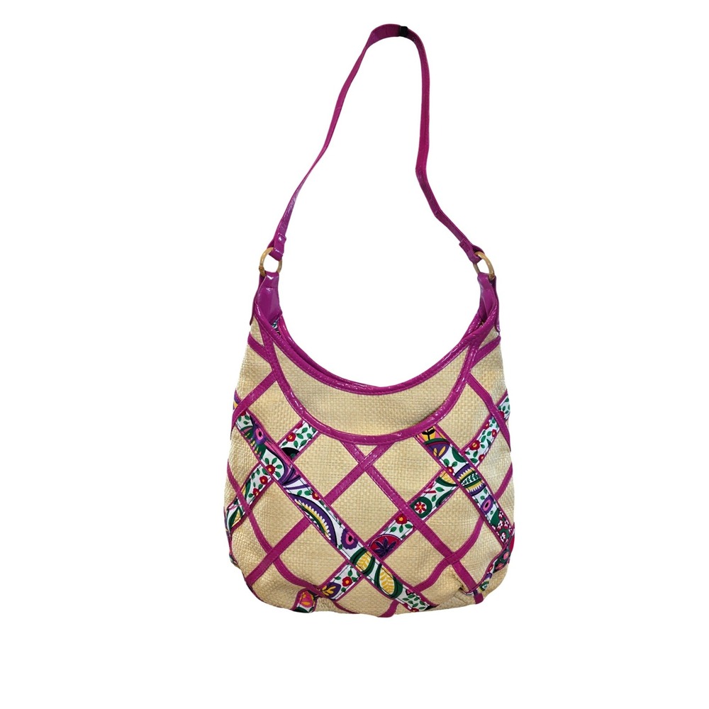 Vera Bradley Viva la Vera Straw Shoulder Bag Pink Patent Trim Floral Lined Hobo